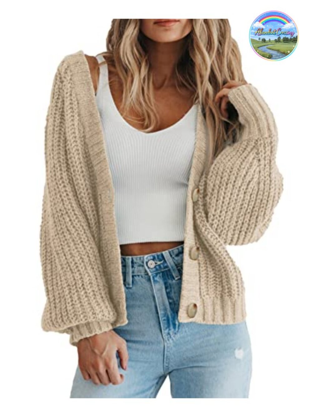 Oversized Lantern Sleeve Cardigan Sweater Womens V Neck Open Front Chunky Knit